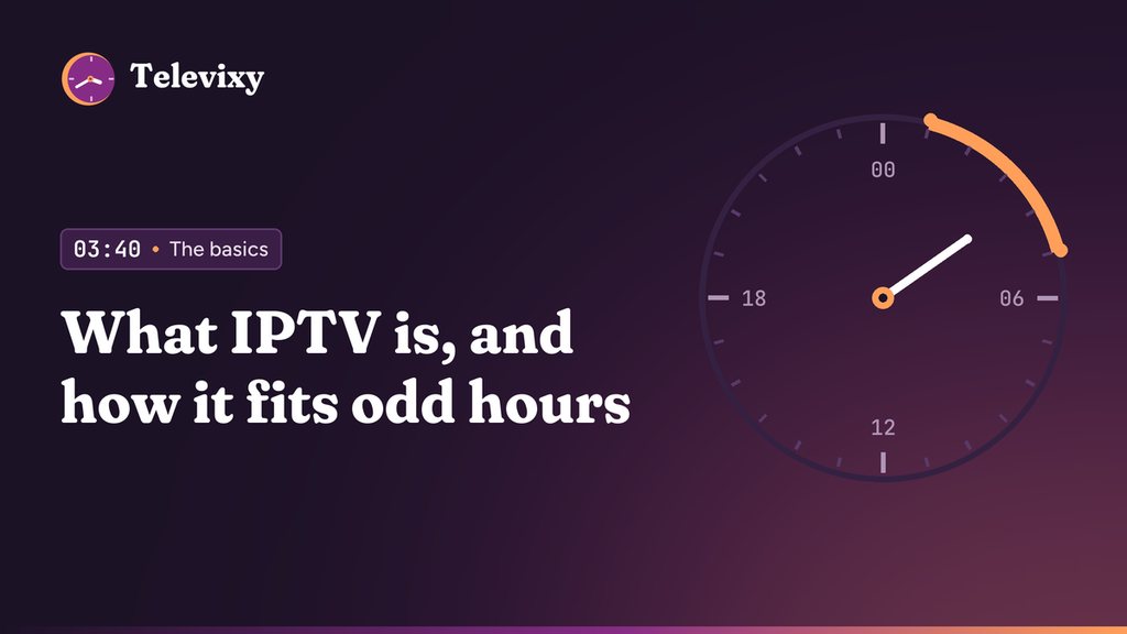 A living-room TV showing an IPTV channel guide with a streaming stick on the console