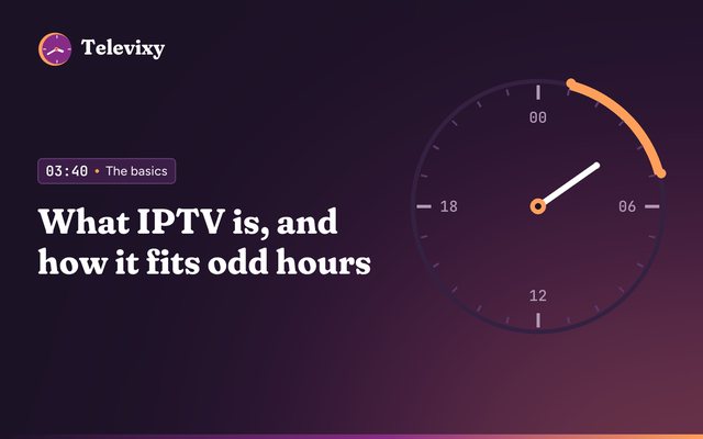 A living-room TV showing an IPTV channel guide with a streaming stick on the console